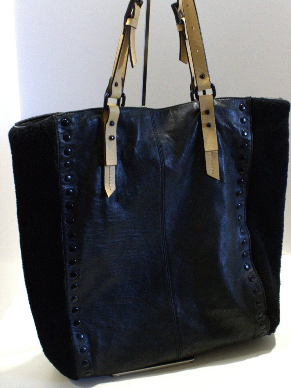 Kelsi Dagger, Black Leather &Pile Slouchy Tote with Tan Handles